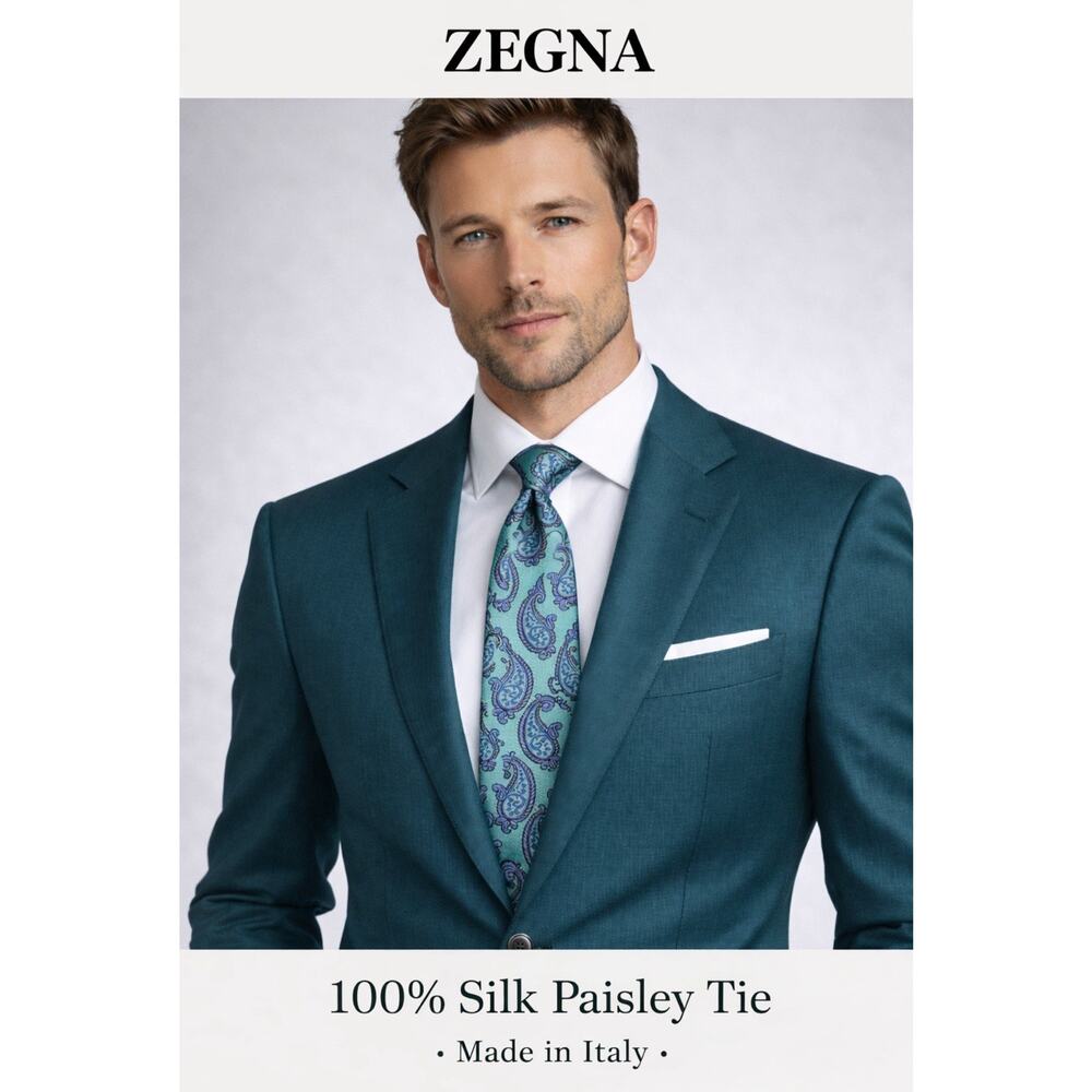 Ermenegildo Zegna 100% Silk Paisley Tie Made in Italy Teal Blue